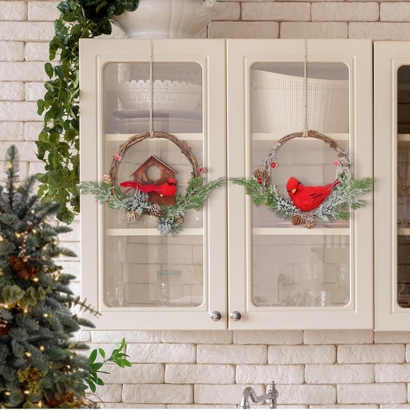 2pcs Christmas Wreath with Cardinal, 9-inch Cardinal Holiday Wreath - Picture 6 of 6